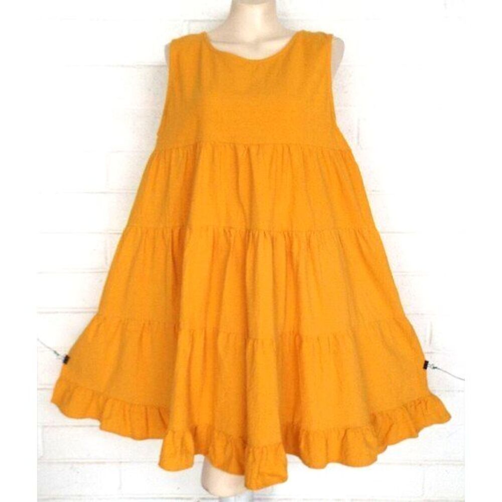 New Gigio M 8 10 Goldenrod Swiss Dot Tiered Round Neck Sleeveless Swing Dress